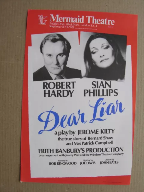 1982 DEAR LIAR Jerome Kilty Robert Hardy Sian Phillips Mermaid Theatre Flyer