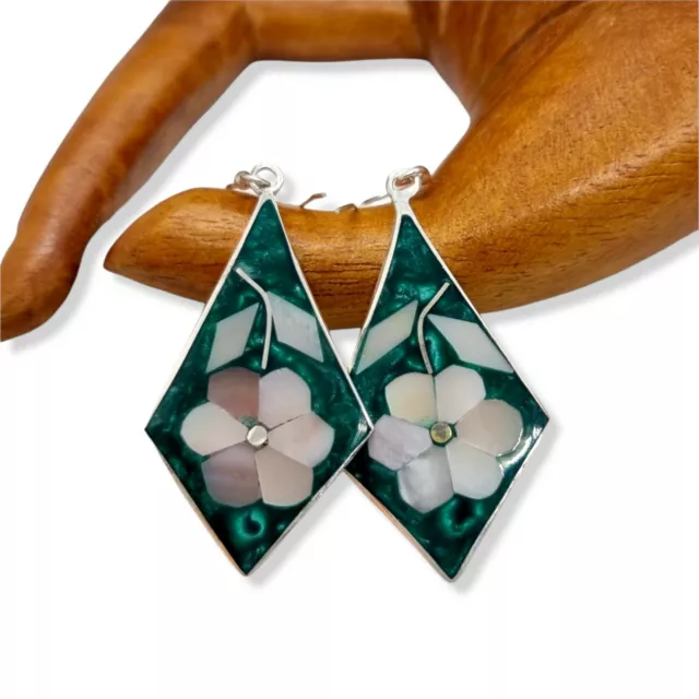 Mexican Silver Paua Abalone Earrings - Green Rhombus Pattern with Flower Inlay