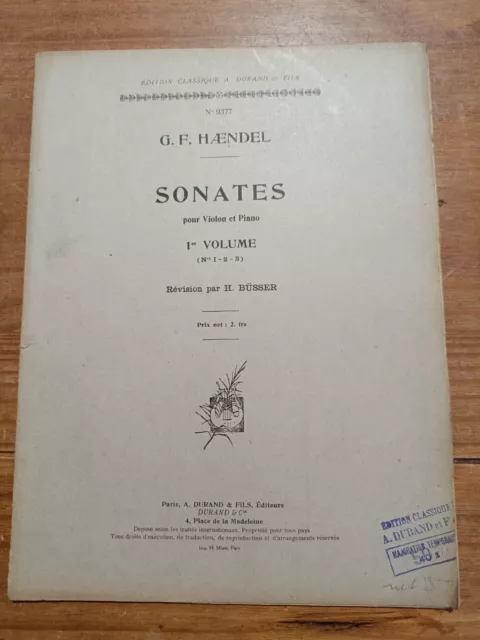 G.F. HAENDEL Sonates pour violon et piano 1er vol. N° 1-2-3 révision H.BÜSSER