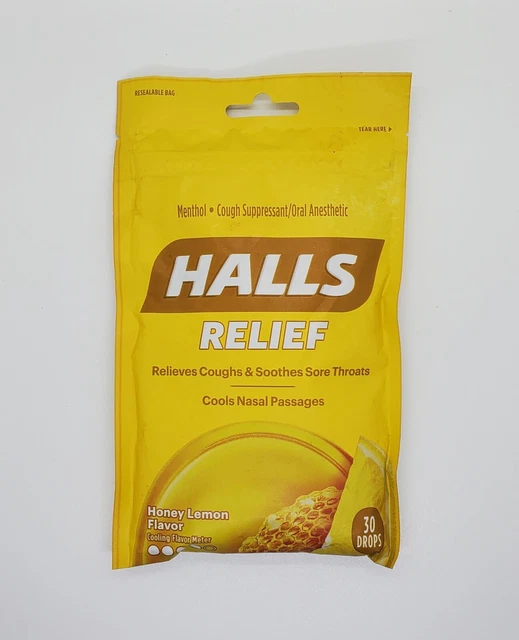 HALLS HONEY LEMON Throat Soothing Lozenges Menthol Cough Suppressant 30