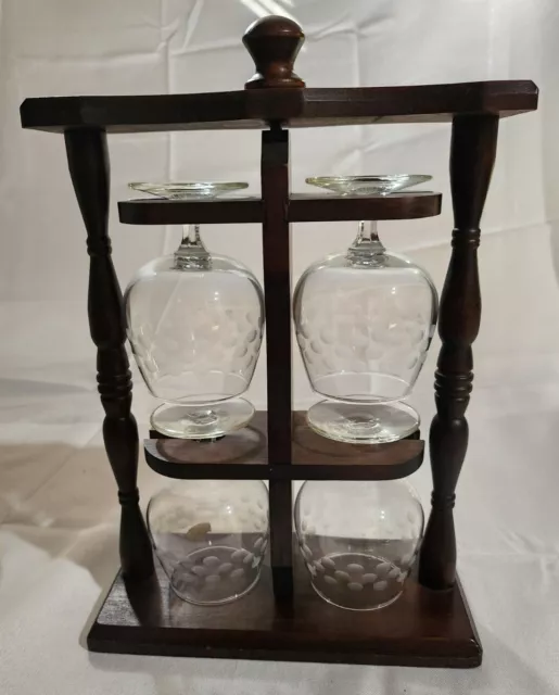 4 Vintage Frosted Dot Brandy Glasses in Rotating Wood Holder Caddy Barware