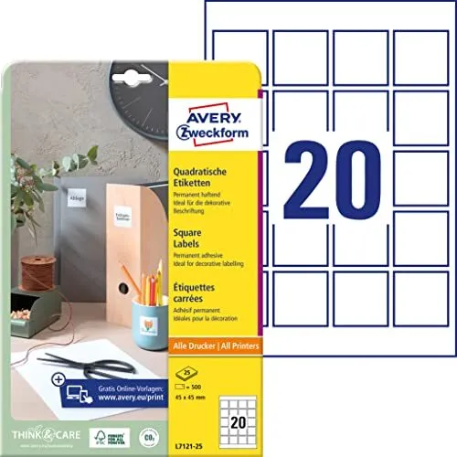 Adhesive Labels Avery 45 X 45 Mm White 25 Sheets NEW