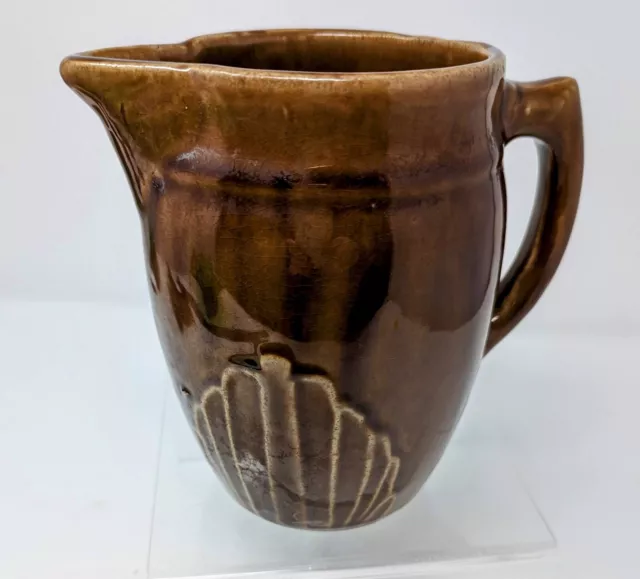 Monmouth Art Pottery Pitcher Brown Shell Pattern USA West Stoneware - Excellent 2