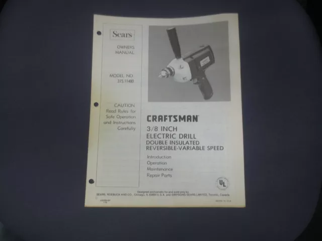 ☆ 1979 Sears Craftsman Owners Manual 3/8" ELECTRIC DRILL REVERSIBLE - VARIABLE