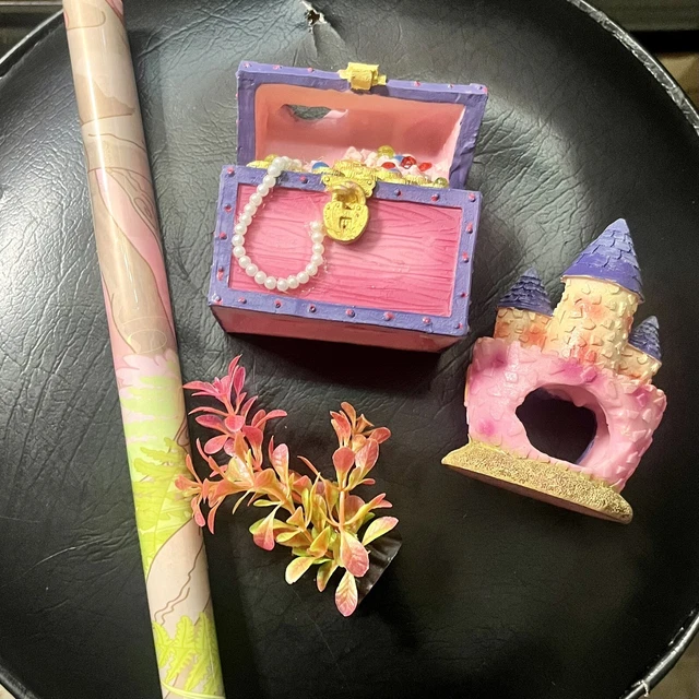 10 Gallon Aquarium Deco (Pink) Castle, Faux Plant , Back Drop & Treasure Chest