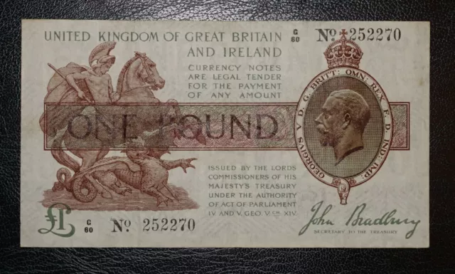 Bank of England £1 * 1917 * Bradbury --{ G60 252270 }-- T16 Treasury Banknote