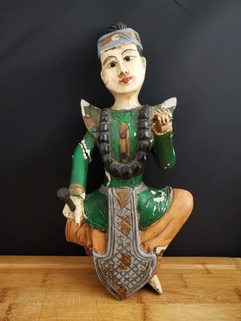 Vintage BURMESE THAI Musician Figure Hand Carved & Painted Wood Wall Hanging 11"