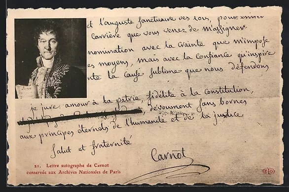 Künstler-AK Paris, Lettre autographe de Carnot conservée aux Archives Nationale