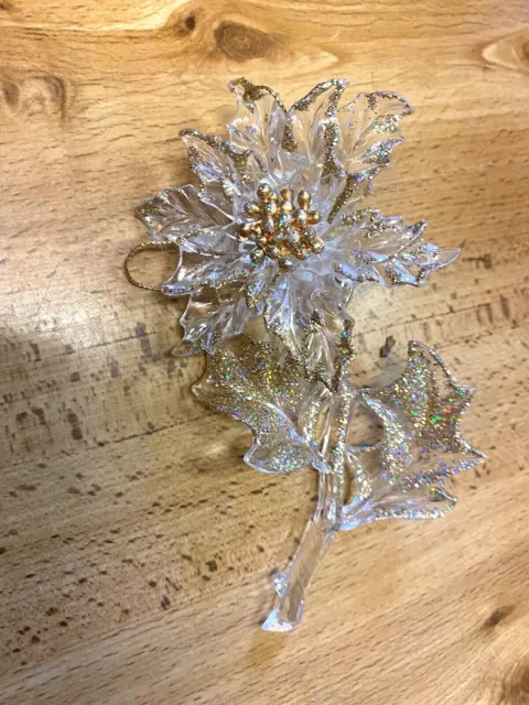 Vintage Lucite Gold Glitter Poinsettia Christmas Ornament 6"