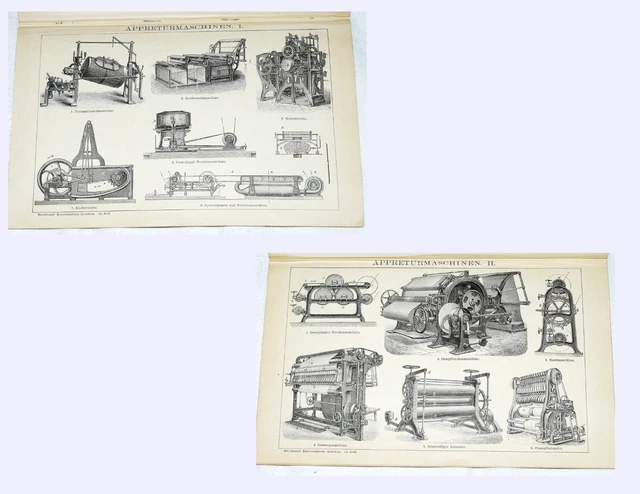 Appreturmaschinen Appretur Weberei - Lithographie von 1908 – 114 Jahre ORIGINAL