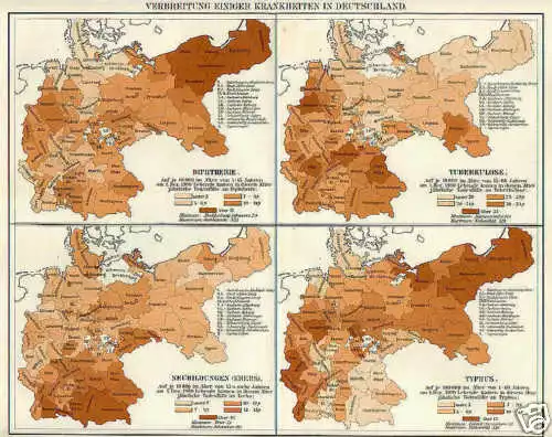 Deutsches Reich Krankheiten Krebs Typhus KARTE von 1905 Diphtherie Tuberkulose