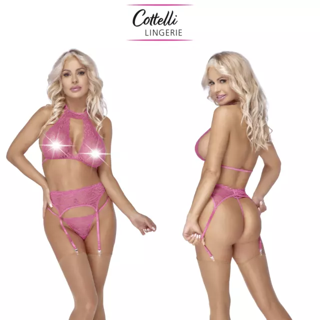 Cottelli Lingerie Set 3 pz Intimo Reggiseno Reggicalze e Perizoma in Pizzo Rosa