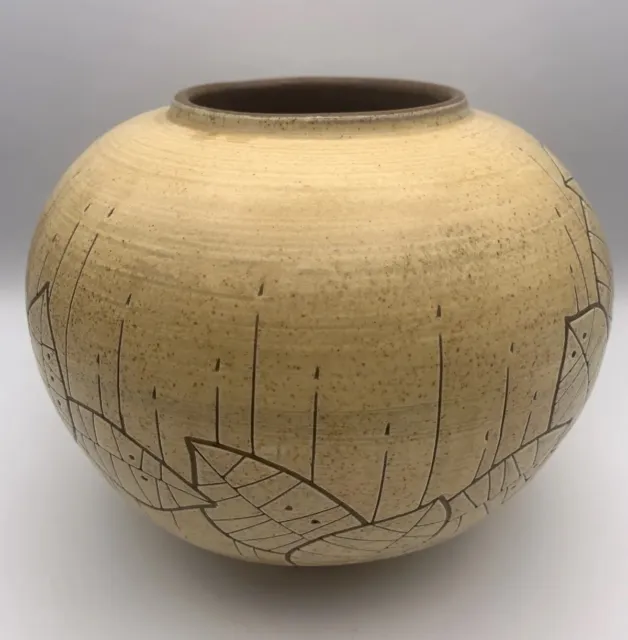 Artist Signed Studio Art Pottery Japanese Style Natural Leaf Motif Vase