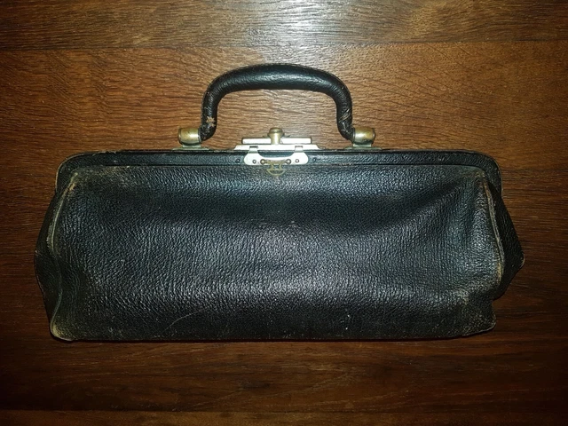 Antike Arztttasche Doktortasche Hebammentasche Leder Tasche Schwarz alt um 1900