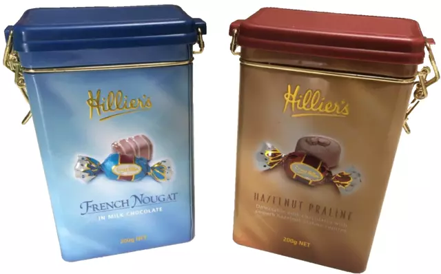 Hilliers  chocolate Tins Hazelnut and French Nougat EMPTY Tins 2011 Hinge Lids