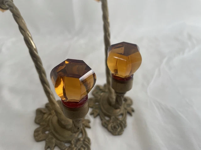 Pair 2 Antique Victorian Ornate Amber Glass Brass Hook Coat Hanger Wall Hardware 22