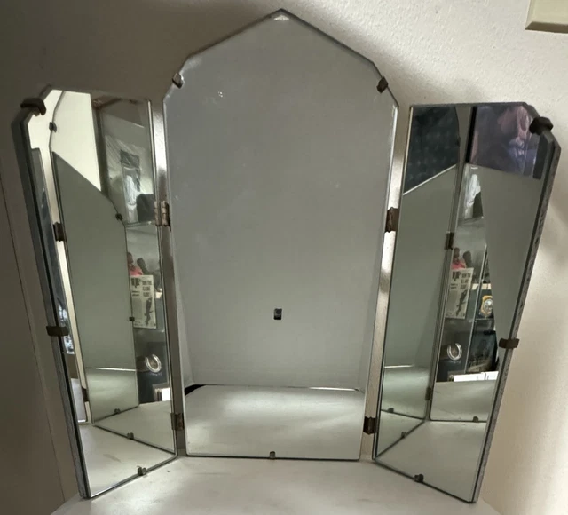 VTG ART DECO Gothic Arched Trifold Frameless MIRROR for Vanity