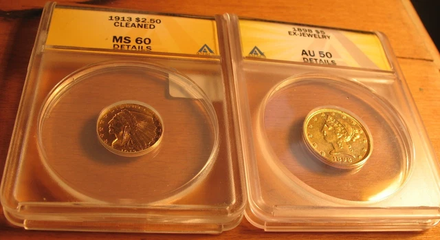 1  lot, 5 & 2.50 gold pieces; 1898 AU 50 & 1913 MS 60; both details coins