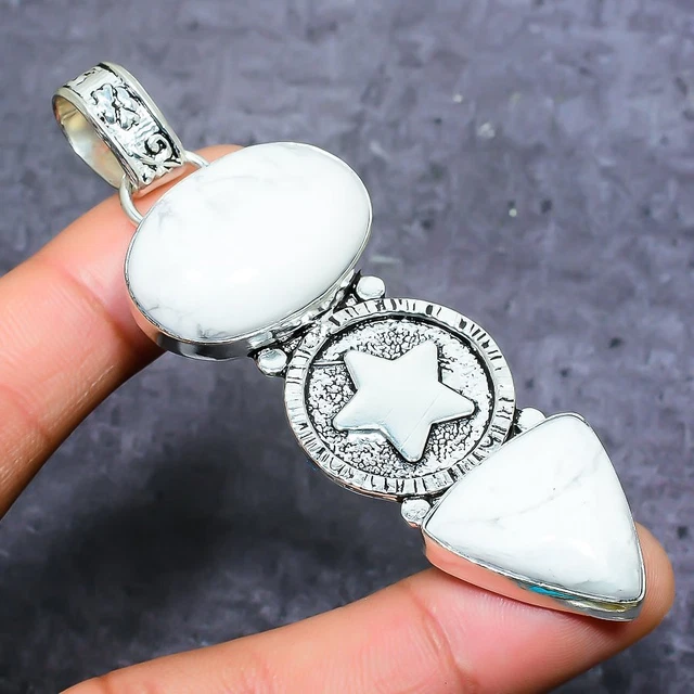 Howlite Jasper Gemstone Handmade 925 Sterling Silver Jewelry Pendant 3.15" m036