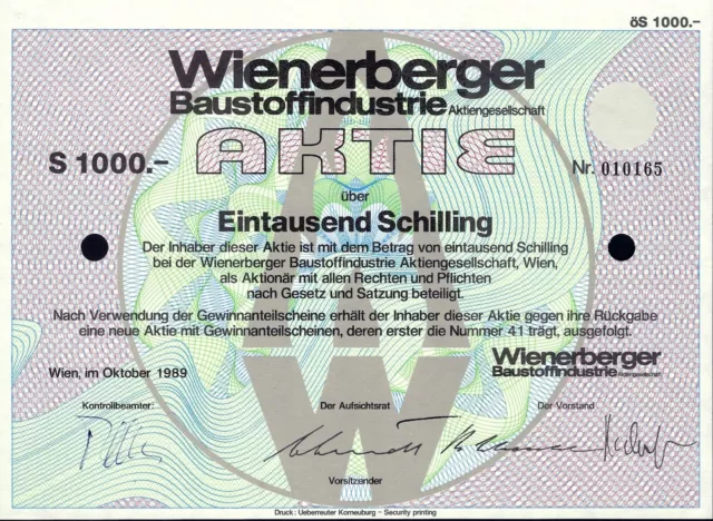 Wienerberger Baustoffindustrie AG, Wien, 1989,  Aktie (1.000 Shilling)