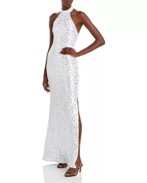 Aqua B9710 Womens White Sequined Halter Neck Evening Gown Size L