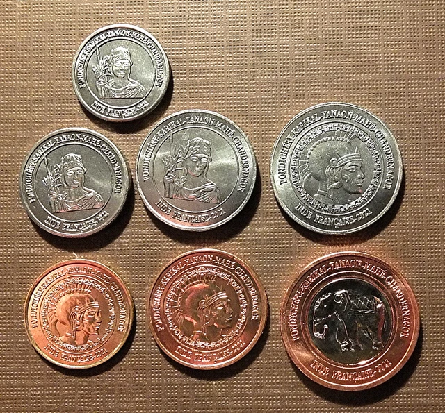 French India-2021  7 Coin Set- 1/4 Anna-1 Rupee-Pondichery Fantasy Issue-Tnhg