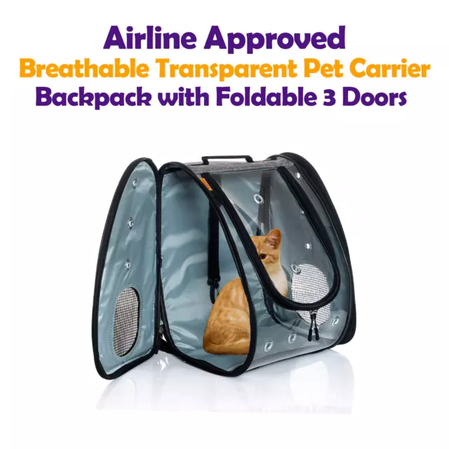 Airline Approved Breathable Transparent Pet Carrier Backpack with 3 Doors