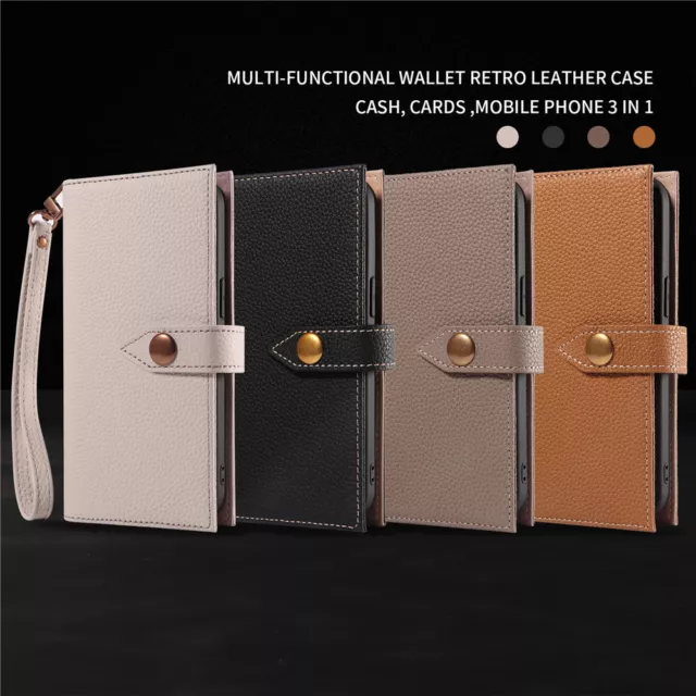 Genuine Leather Wallet Flip Case for iPhone 14 15 Pro Max Card Slot Cover Strap