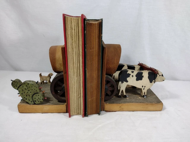 Folk Art Wood Bookends Americana Covered Wagon, Oxen, Cactus, Dog Western Decor