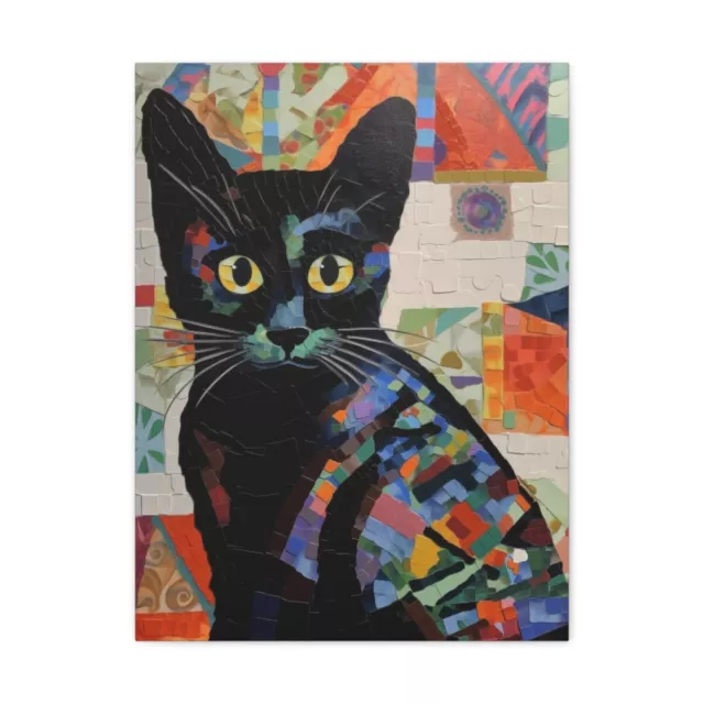 Mosaic Cat Print, Kitten Wall Art, Black Cat Art, Cat Lovers Gift Canvas Hanging