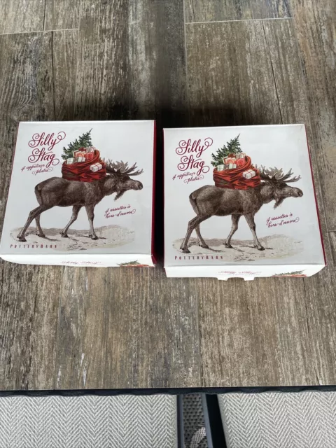 NIB Pottery Barn 2 Sets Of 4 Appetizer Plates - Silly Stag Christmas Deer Moose