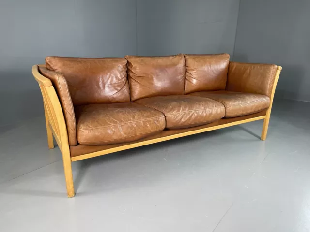 EB6608 Vintage Danish 3 Seat Sofa Tan Leather Beech Ends MCM Retro M3SS