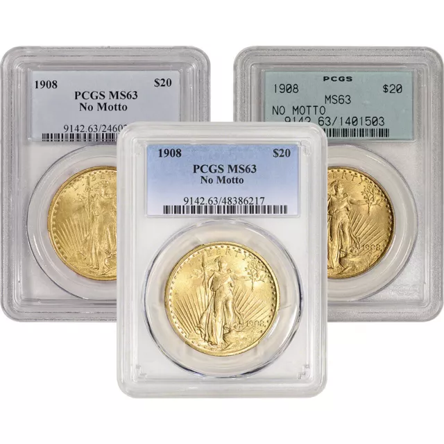 US Gold $20 Saint-Gaudens Double Eagle PCGS MS63 1908 No Motto Random Label