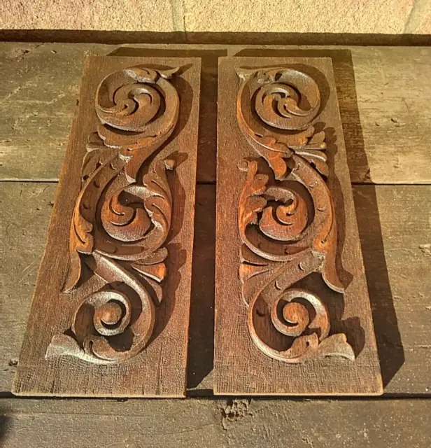 Antique Architectural Furniture  Carved Victorian Oak Panel plaque x 2