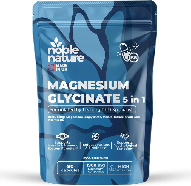 MAGNESIUM GLYCINATE 5-IN-1 Complex 1900mg 90 Vegan Capsules with ...