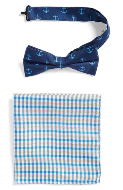 NORDSTROM Boy's Navy Anchor Print Silk Bow Tie & Check Pocket Square One Size