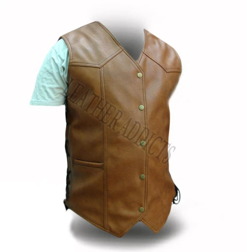 Uomo Biker Style Gilet Vero Mucca IN Pelle Marrone Moto Gilet