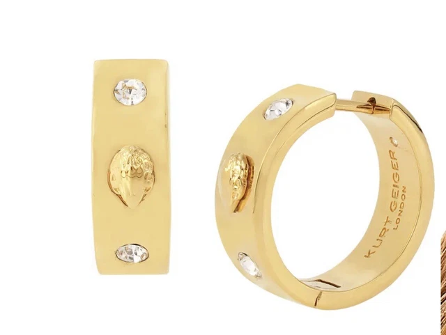 🦅🦅KURT GEIGER LONDON GOLD Crystal Huggie Hoop Earrings T71🦅🦅