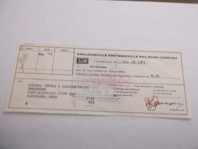 1957 Louisville & Nashville  L&N Check To Toledo Angola & Western Railroad