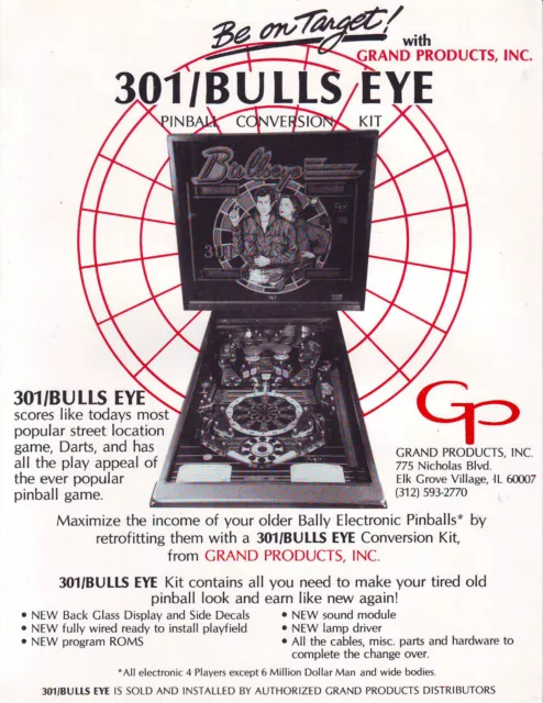 301 BULLS EYE CONVERSION ORIGINAL PINBALL MACHINE SALES FLYER Vintage Promo Art