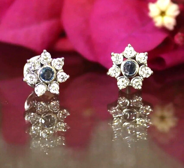 0.42ct Rond Naturel Diamant Saphir 14k Blanc Solide or Mariage Clous D'Oreilles