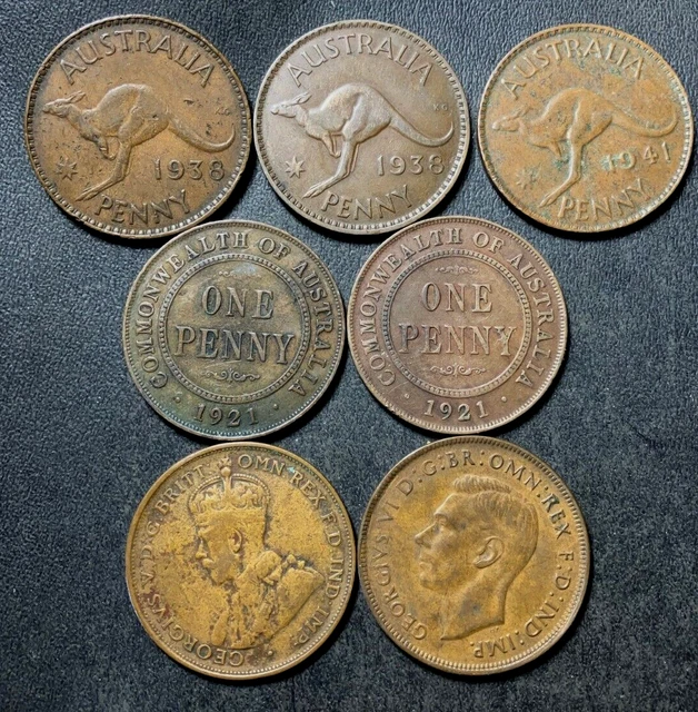 Old Australia Coin Lot - 1919-1942 - 7 LARGE PENNIES - Lot #J8