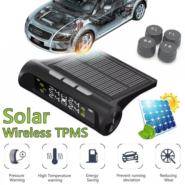 Wireless Solar TPMS Car Tire Tyre Pressure Monitor Monitoring System + 4 Sensors