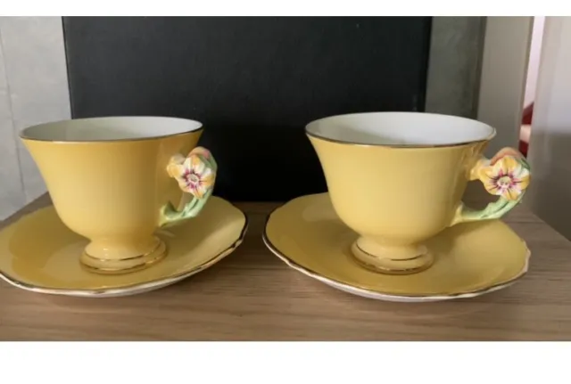 Royal Winton Grimwades Yellow Petunia 2 Tea Cups & Saucers Tea Set Flower Handle