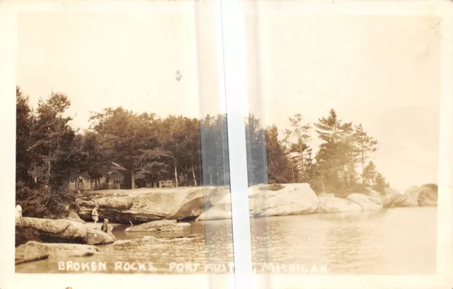 PORT AUSTIN Michigan postcard RPPC Huron County Broken Rocks shoreline 1937