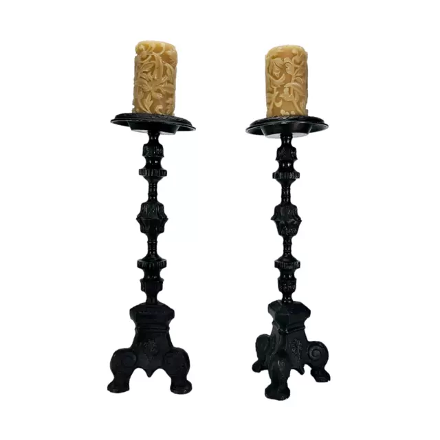 Ornate Large Cast Metal Candle Stick Pillar Holders Dark Patina Pair Black