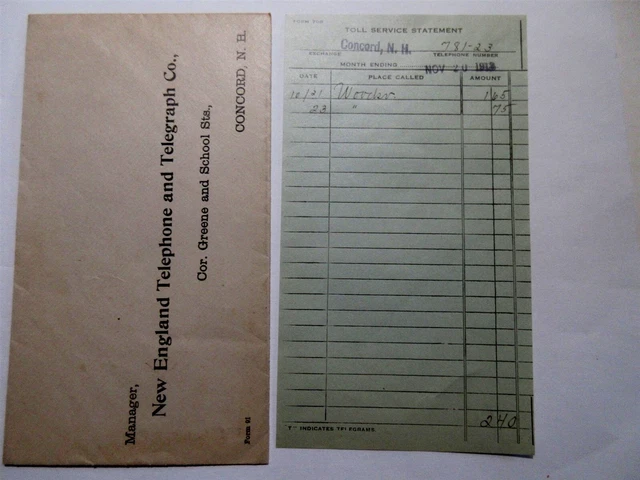 1913 New England Telephone & Telegraph Co bill and envelope Nov 20 1913
