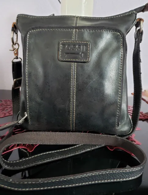 Women's Small Vintage Black Leather "FOSSIL" Designer Crossbody Bag Purse