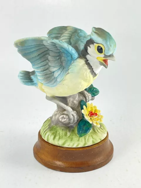 Vintage Josef Josefs Originals Baby Blue Jay Bird Wood Base Porcelain Figurine