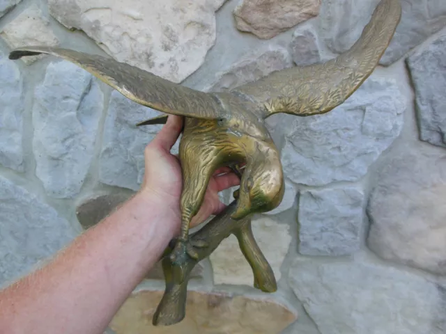 Large Cast Brass Eagle on a Branch Sculpture Vintage Bird Statue 20" Wing Span